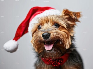 Yorkshire Terrier smiling wearing a Christmas hat, portrait