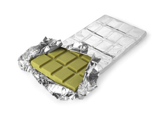 Tasty matcha chocolate bar wrapped in foil isolated on white