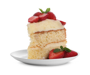 Piece of tasty cake with fresh strawberries and mint isolated on white