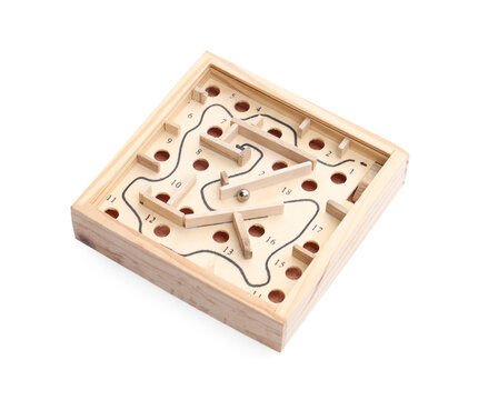 Wooden toy maze with metal ball isolated on white