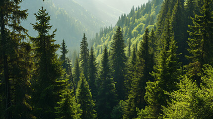 Healthy green trees in a forest of old spruce - obrazy, fototapety, plakaty