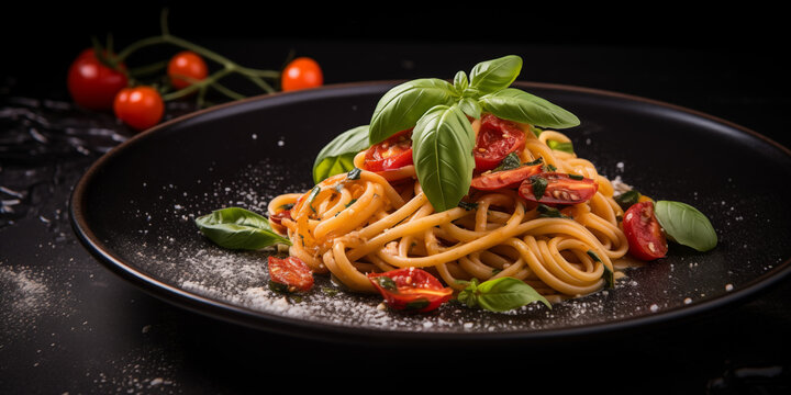 A plate of spaghetti pomodoro with tomato sause fresh basil leaves and parmezan on a black plaet in an elegant italian restaurant, 