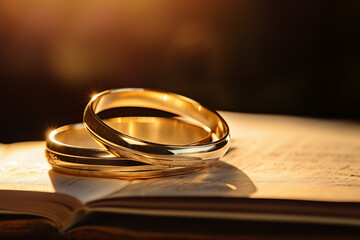 Generative AI image of two golden wedding rings on an open book with sunlight symbolizing love and the bond of marriage - obrazy, fototapety, plakaty