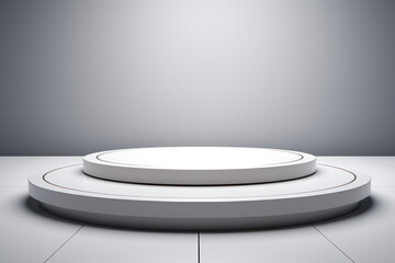Minimalist empty white round podium stage. Metaverse digital product showcase