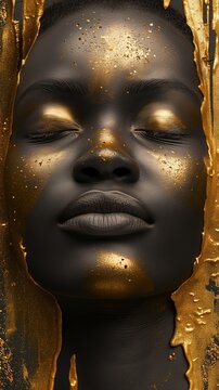 9:16 art closeup digital drawing, beautiful black woman's face with closed eyes and golden paint on her skin, peaceful serene African lady looking quiet, sleeping, dreaming, calm and inspirational  