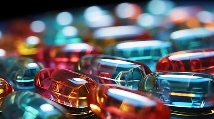 Poster Colorful medicine capsules, health support pills, pharmaceutical products in pharmacy © PhotoHunter