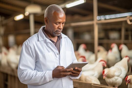 A farmer holds a tablet computer at a poultry farm, checking production and food supply