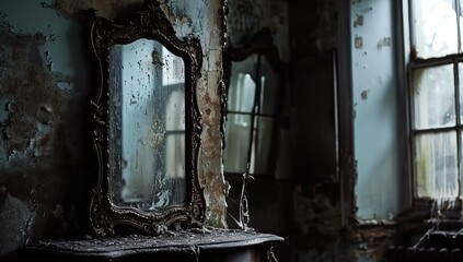 Cracked mirror in an abandoned building.
