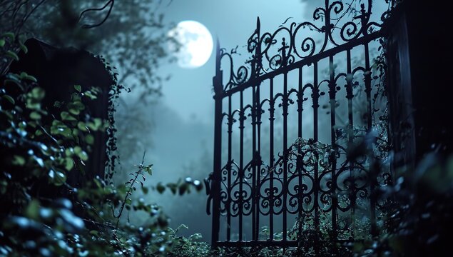 Gates against moonlight in a foggy night. The concept of secrecy and isolation.