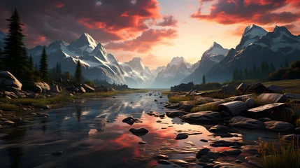 Foto op Canvas Mountain lake at sunset. Panoramic view of the mountains. © Iman
