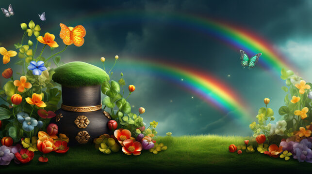 Horizontal St. Patrick's Day background with leprechaun