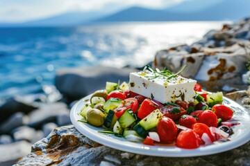 Greek salad with tomatoes, cucumbers, white feta cheese, olives and the sea in the background - obrazy, fototapety, plakaty
