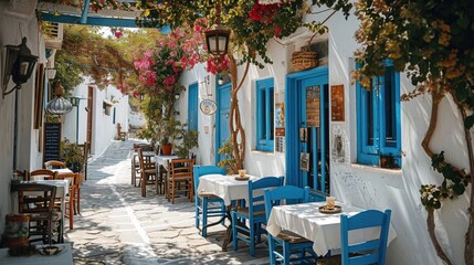 Fototapeta premium Greek culture with traditional white and blue greek architecture, taverna