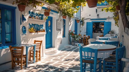 Greek culture with traditional white and blue greek architecture, taverna - obrazy, fototapety, plakaty