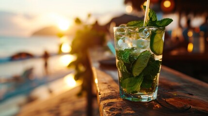 A glass of a drink with mint and lime on the beach, AI - obrazy, fototapety, plakaty