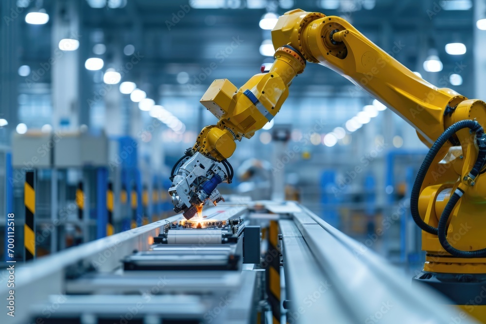 Leinwandbilder Robotic arm for electronic assembly line. Smart modern factory automation using advanced machines.