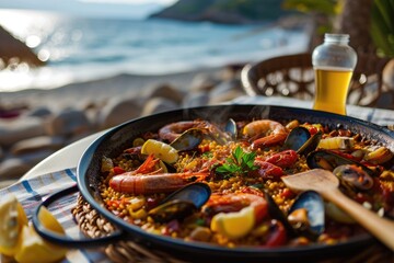 Traditional seafood paella in the pan on a table by the sea.