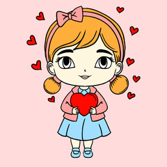 illustration of cute character holding a heart, character illustration for Valentine's Day, flat design style