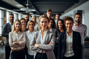 business girl heads a colossal corporate company alongside the executive chief, leading a diverse team of professionals with a dynamic and inclusive approach. Generative AI. - obrazy, fototapety, plakaty