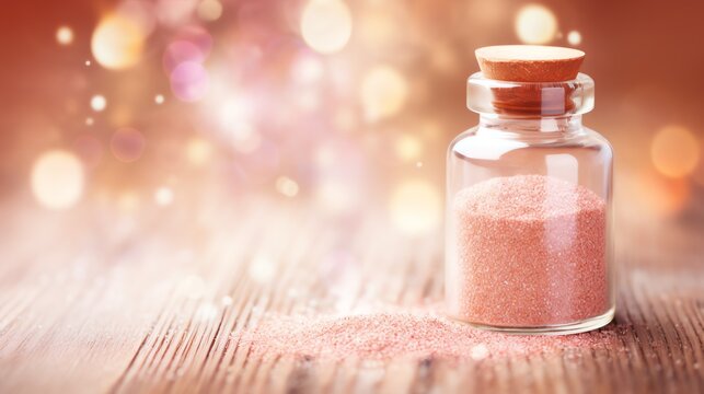 a glass jar with a cork lid and pink sand