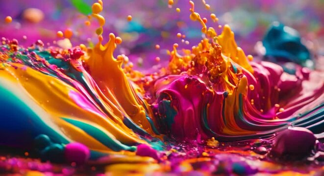 Exploding liquid paint in rainbow colors with splashes