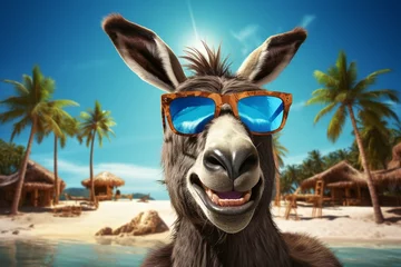 Schilderijen op glas portrait of a donkey in colourful sunglasses © Malaika