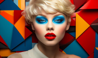 Bold fashion portrait of a platinum blonde model with striking blue eyeshadow and red lips, set...
