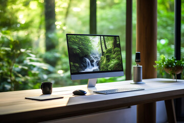 Generative AI image of a serene home office with forest view