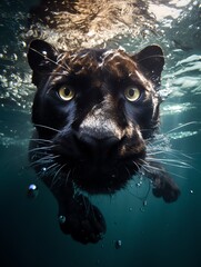 a black panther underwater with bubbles