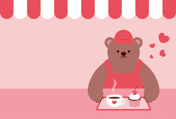 vector background with coffee and dessert set and teddy bear cafe staff for banners, cards, flyers, social media wallpapers, etc.