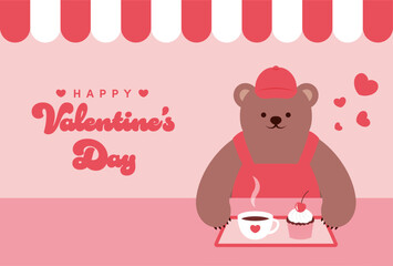 vector background with coffee and dessert set and teddy bear cafe staff for banners, cards, flyers, social media wallpapers, etc.