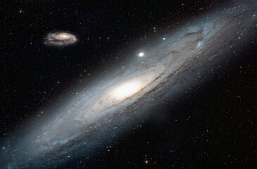 Andromeda galaxy with our galaxy is Milky Way in the  background "Elements of this image furnished by NASA "