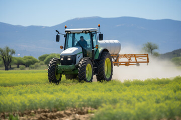 Obraz premium A tractor sprays pesticides on a field using a sprayer.