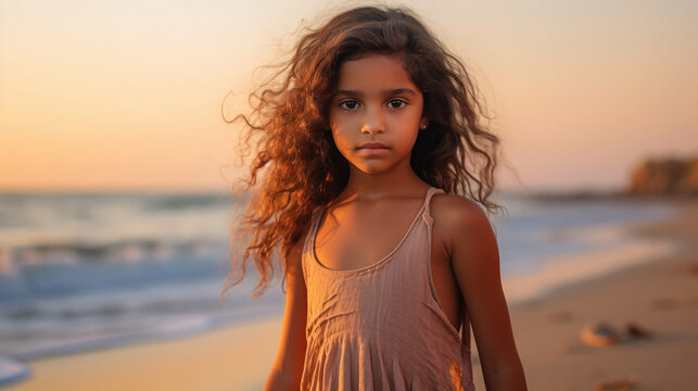 beautiful little girl standing on the sea beach