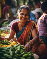 senior indian woman selling vegetables at local market