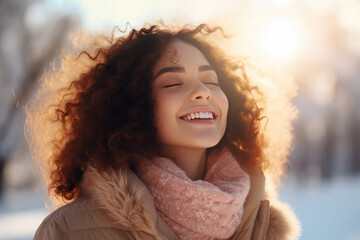 A brunette woman breathes calmly looking up enjoying winter season