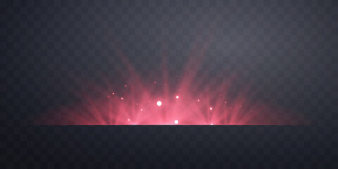 Red horizontal lensflare. Light flash with rays or spotlight and bokeh. Red glow flare light effect. Vector illustration. Isolated on dark transparent background - obrazy, fototapety, plakaty