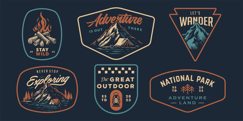 mountain adventure hipster logos. Set of Vintage Outdoor mountains Summer Camp badges or Patches. vector emblem designs. Great for shirts, stamps, stickers logos and labels. - obrazy, fototapety, plakaty