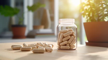 Poster Herbal ashwagandha tablets in a glass jar on a wooden table, body supplementation, vitamins and minerals © PhotoHunter