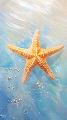 Fototapeta na wymiar Starfish in the water with bubbles on a blue background