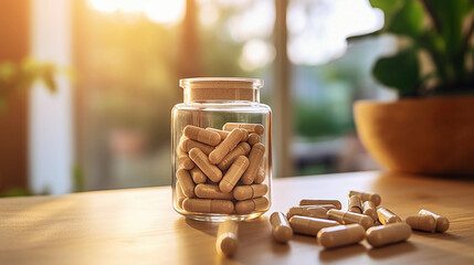 Ashwagandha dietary supplement in capsules, herbal medicines - obrazy, fototapety, plakaty