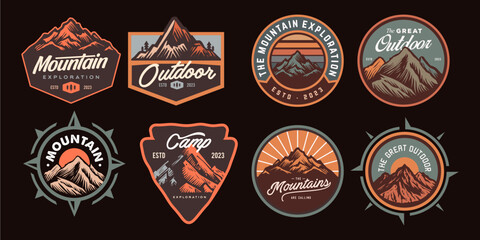 mountain adventure hipster logos. Set of Vintage Outdoor mountains Summer Camp badges or Patches. vector emblem designs. Great for shirts, stamps, stickers logos and labels.