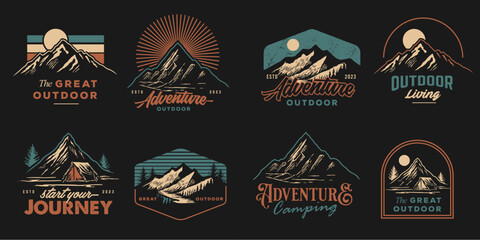 mountain adventure hipster logos. Set of Vintage Outdoor mountains Summer Camp badges or Patches. vector emblem designs. Great for shirts, stamps, stickers logos and labels. - obrazy, fototapety, plakaty