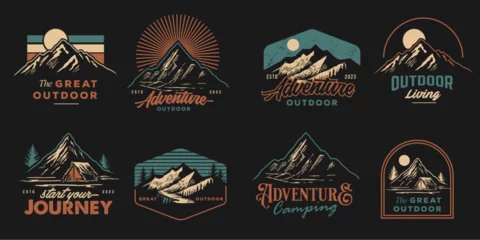 Poster mountain adventure hipster logos. Set of Vintage Outdoor mountains Summer Camp badges or Patches. vector emblem designs. Great for shirts, stamps, stickers logos and labels. © Ramosh Artworks