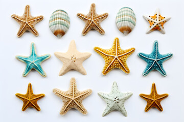 Fototapeta na wymiar Top view Starfish and seashells on white background