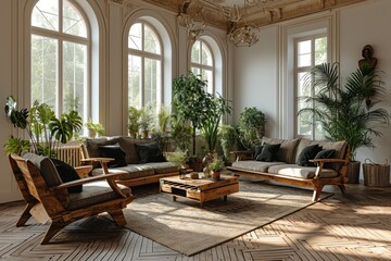 Fototapeta premium living room with neutral wood and white furniture inspiration ideas