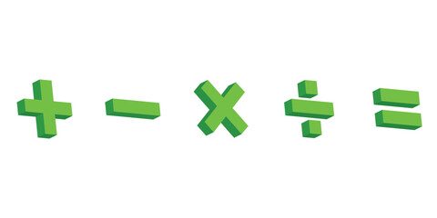 Five 3d colorful math symbols. Plus, minus, multiplication, divide and equal symbol. Scientific resources for teachers and students. Vector illustration isolated on white background.