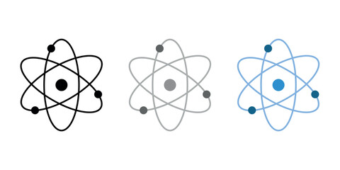 Atom icons. Atom icon symbol vector illustration. Nuclear physics. Three electrons rotate in orbits around atomic nucleus. Scientific resources for teachers and students. - obrazy, fototapety, plakaty
