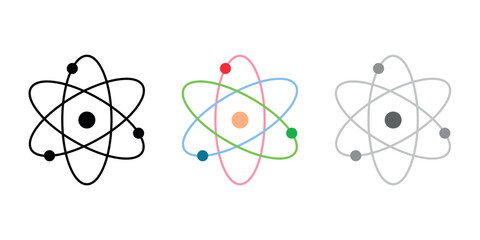 Atom icons. Atom icon symbol vector illustration. Nuclear physics. Three electrons rotate in orbits around atomic nucleus. Scientific resources for teachers and students.