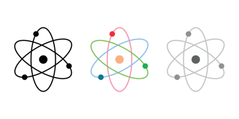 Fotobehang Atom icons. Atom icon symbol vector illustration. Nuclear physics. Three electrons rotate in orbits around atomic nucleus. Scientific resources for teachers and students. © SAMYA